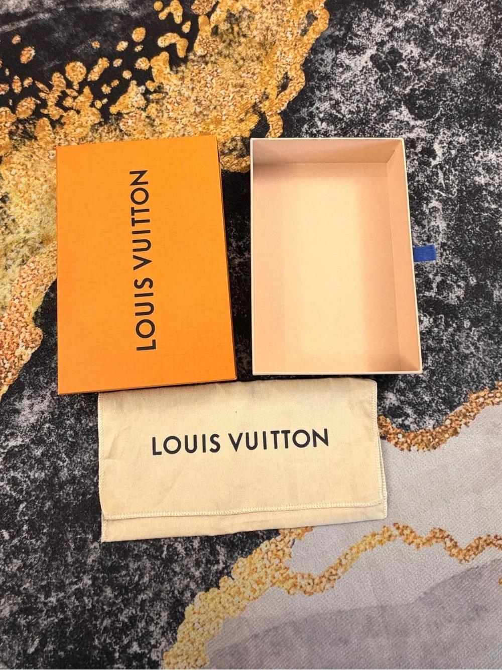 Louis Vuitton Orange Box with Beige Dust Pouch for men’s wallets